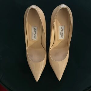 Jimmy Choo Nude patented leather Pumps worn with box
